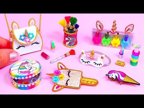 10 DIY Miniature UNICORN Cosmetics or UNICORN Makeup || Bag, Eyeshadow palette BARBIE DOLL HACKS